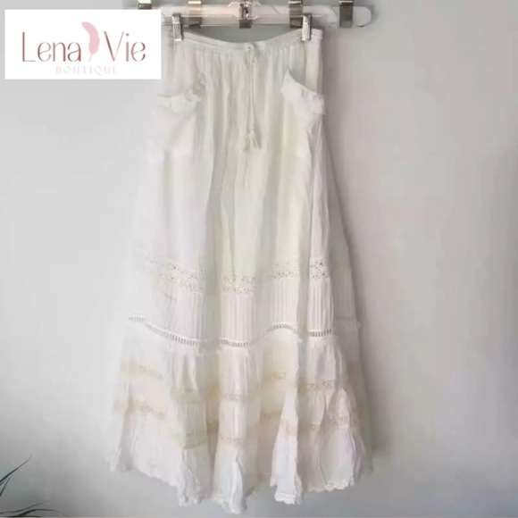Boho White Tassel Tie Clouded Dream Cotton Maxi Skirt With Lace Embroidery - Picture 7 of 12